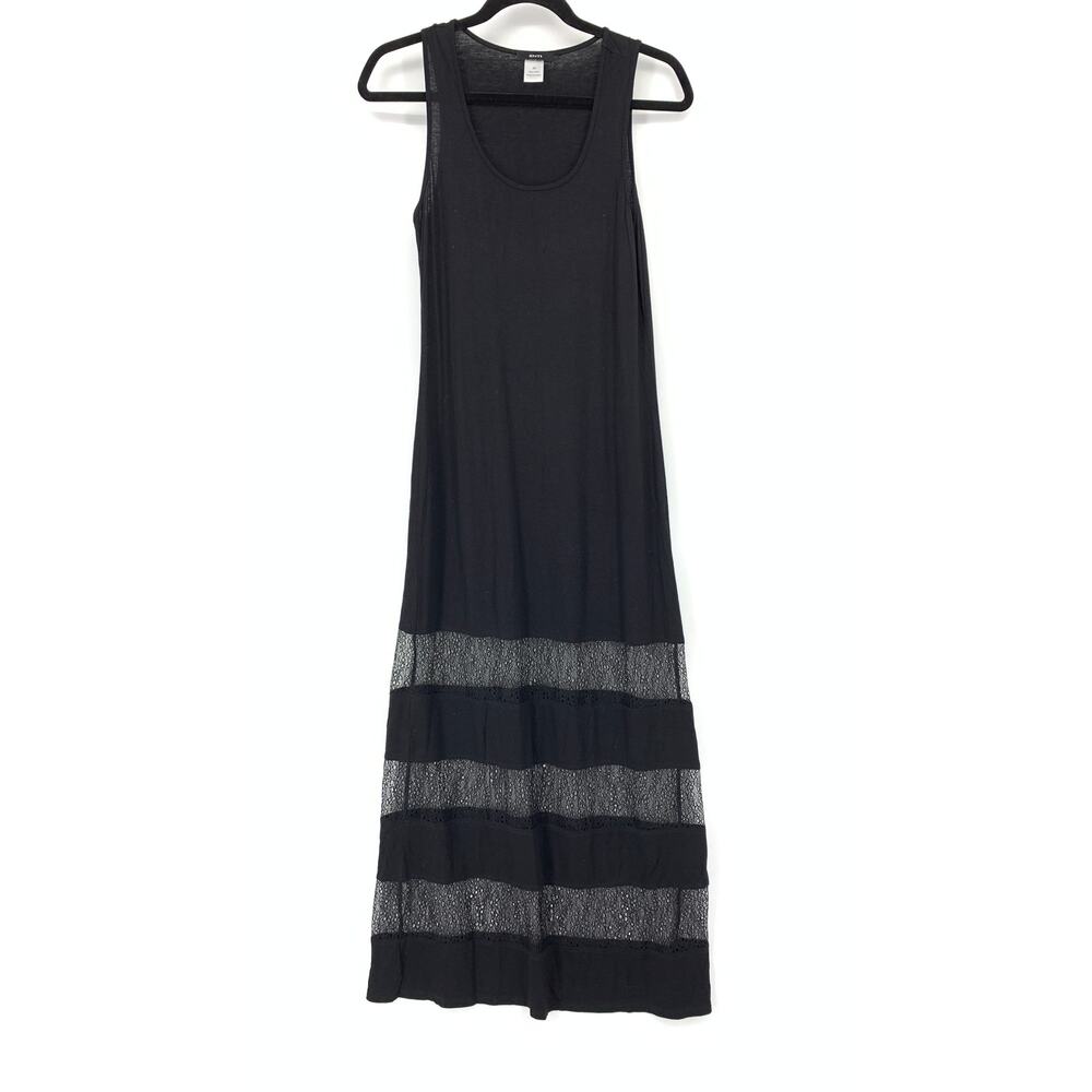 Enti Jersey Maxi Dress Womens Size Medium Sheer Striped Hem Black Scoop Neck